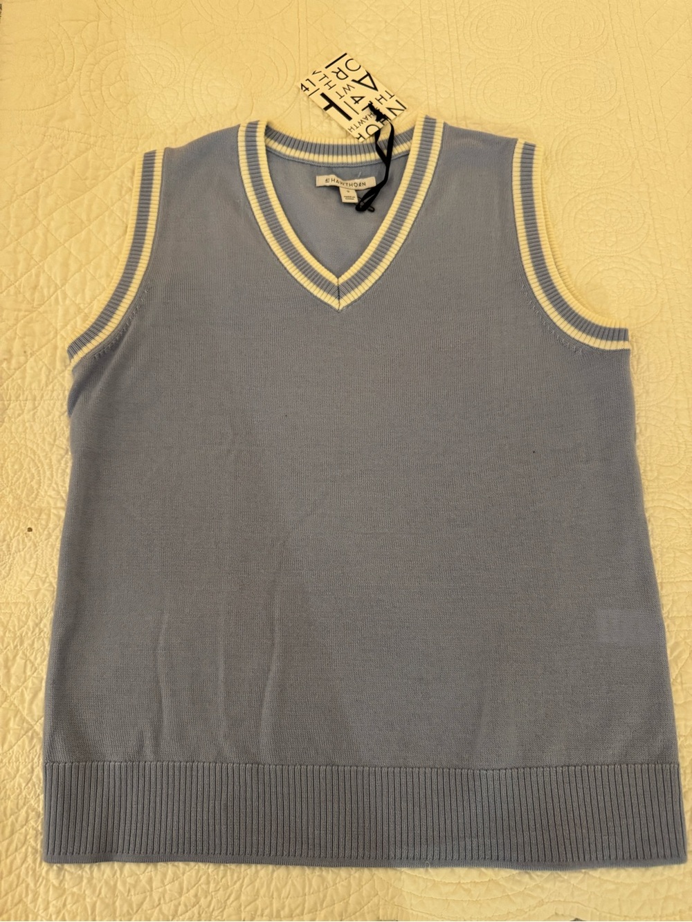 41 Hawthorn Light Blue V-Neck Sweater Vest with White Trim - 100% Merino Wool